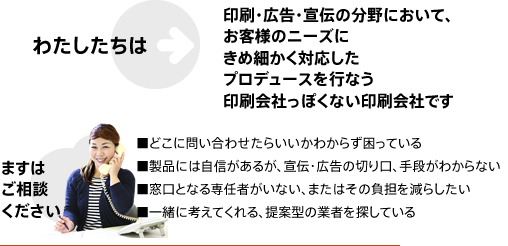 わたしたちは印刷・広告・宣伝の分野において、お客様のニーズにきめ細かく対応したプロデュースを行なう印刷会社っぽくない印刷会社です